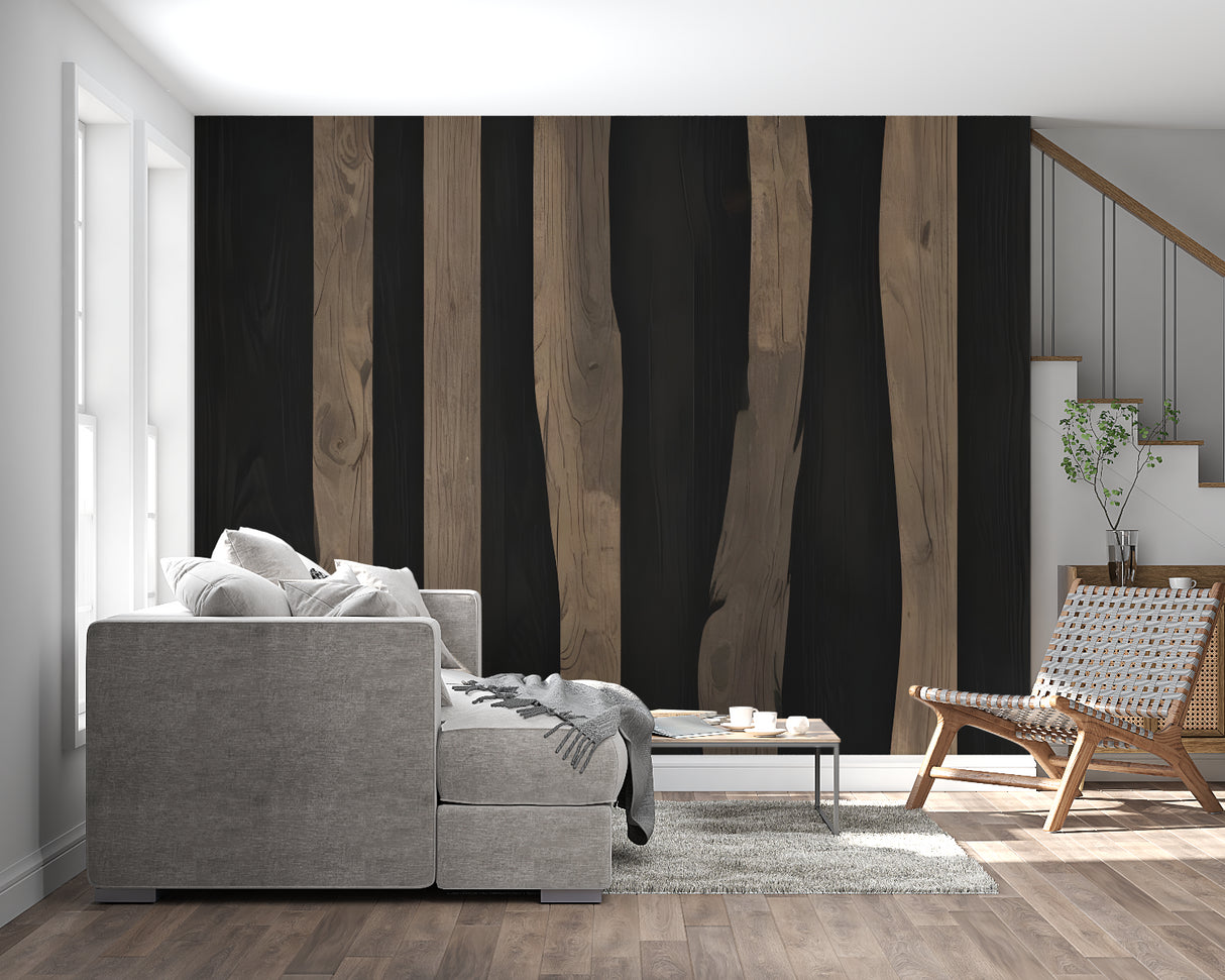 Vertical wood pattern mural adding depth to a master bedroom