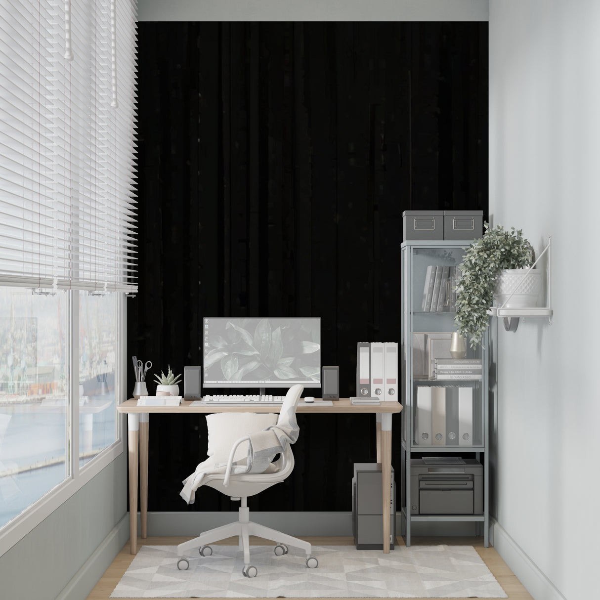 Modern black wood wallpaper installation in upscale office space