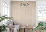 Beige wood effect wallpaper in dining room creating warm, natural atmosphere