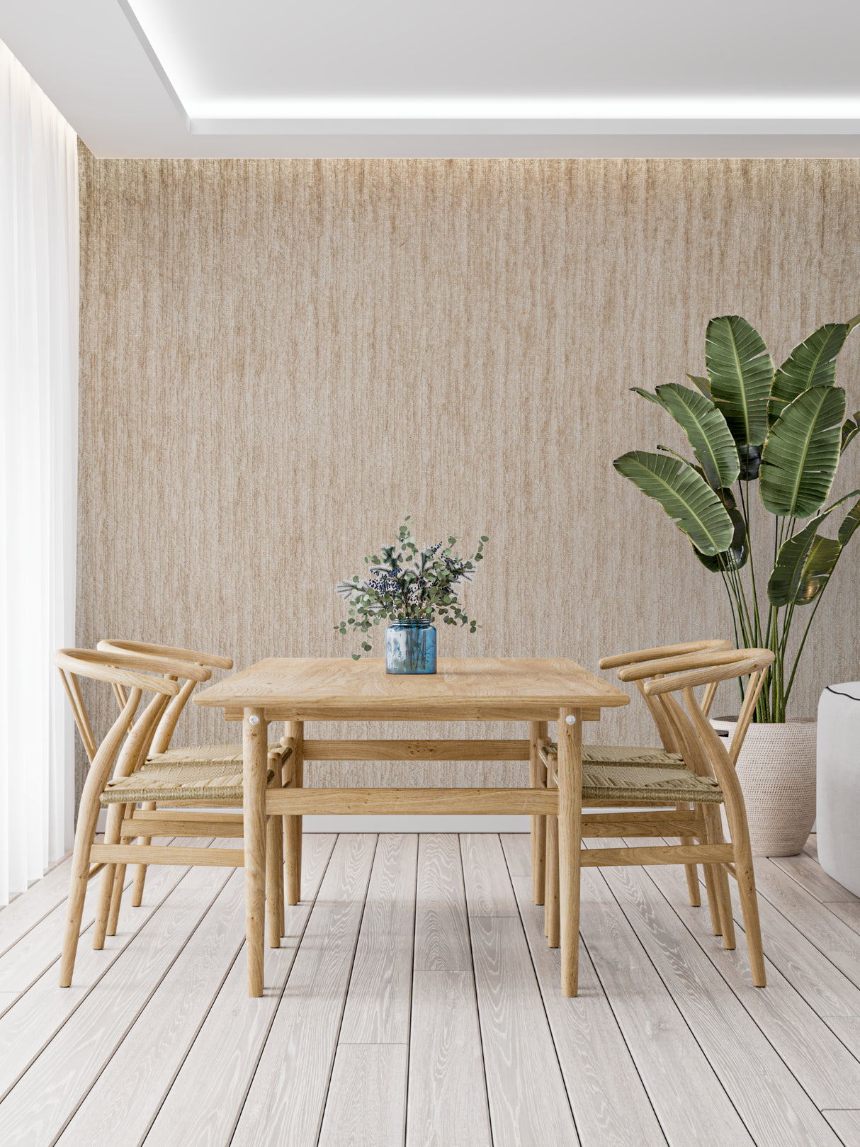 Natural wood wallpaper pattern in bedroom showing striped design detail