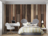 Wood plank wallpaper creating a cozy atmosphere in modern living room with grey sofa and natural light