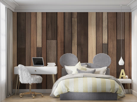 Wood plank wallpaper creating a cozy atmosphere in modern living room with grey sofa and natural light