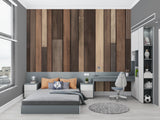 Vertical wood planks mural in home office with minimal desk setup and plants