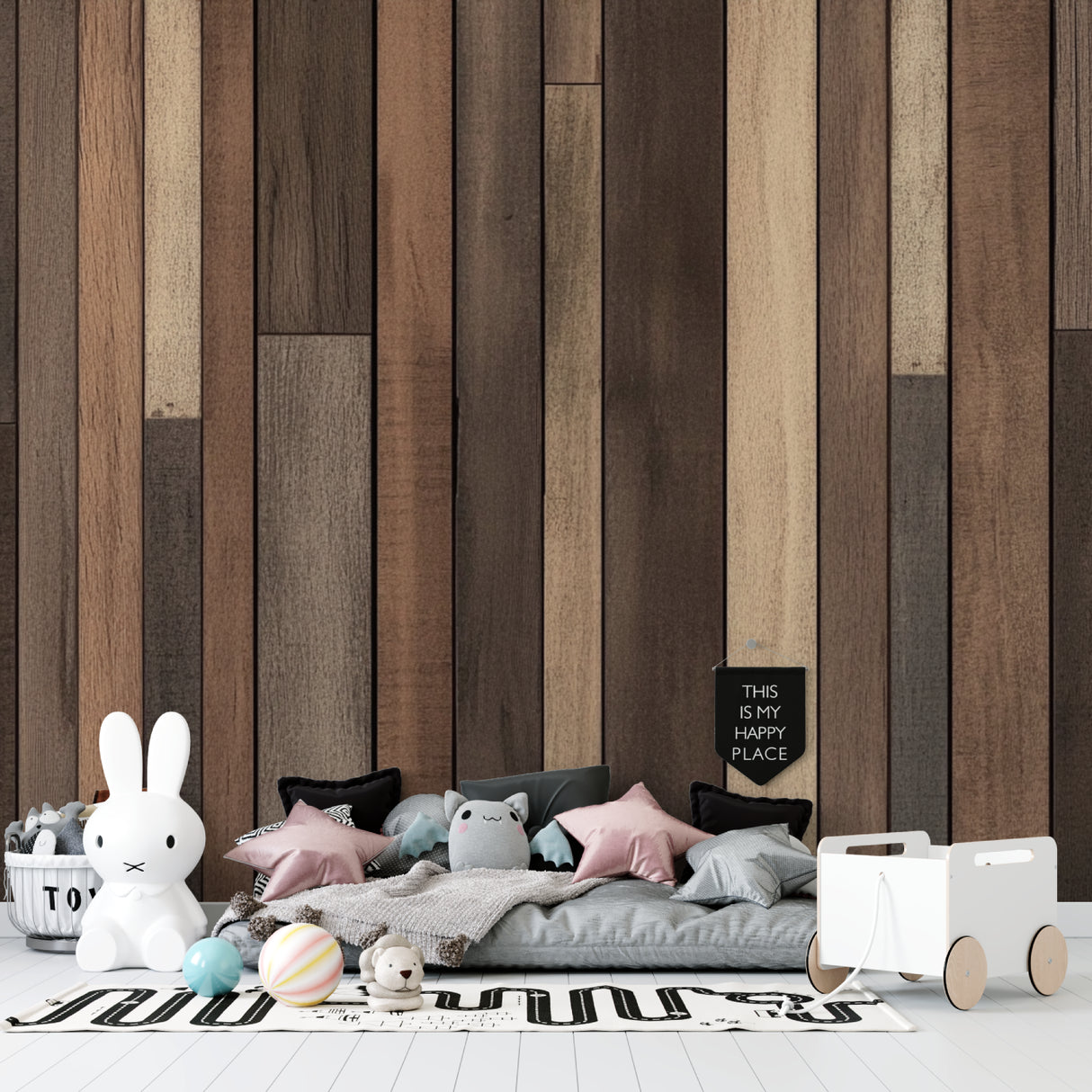 Brown wood pattern wallpaper in bedroom with white bedding and natural decor