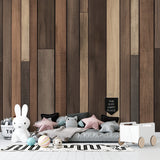 Brown wood pattern wallpaper in bedroom with white bedding and natural decor