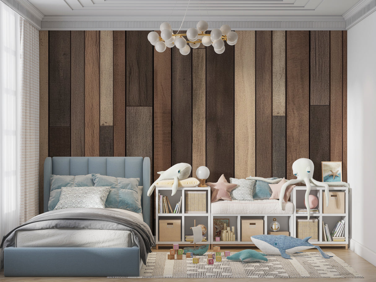 Wooden plank wall mural adding warmth to dining room with modern furniture