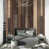 Natural wood wallpaper design in hallway with minimalist decor and lighting