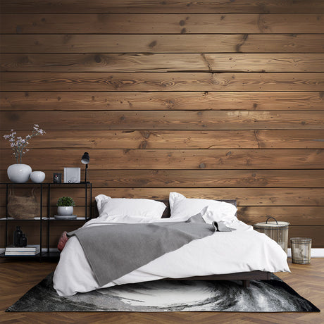 Wood plank wallpaper creating a cozy atmosphere in a modern living room with natural light