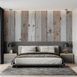 Rustic wood plank wallpaper in a bright modern living room with minimal furniture