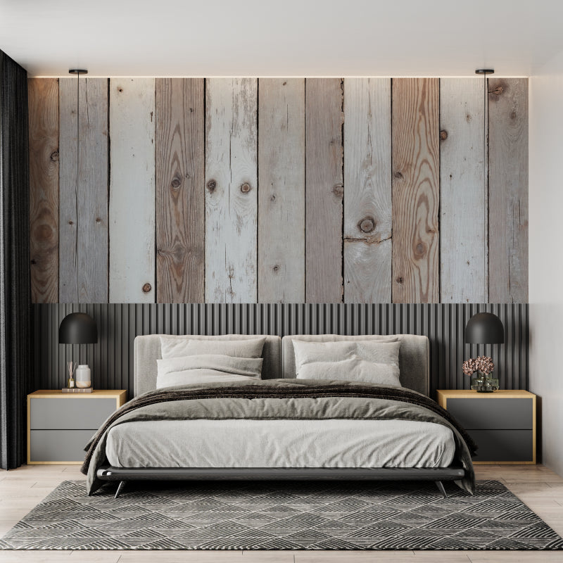 Rustic wood plank wallpaper in a bright modern living room with minimal furniture