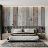 Rustic wood plank wallpaper in a bright modern living room with minimal furniture