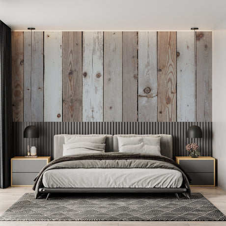 Rustic wood plank wallpaper in a bright modern living room with minimal furniture