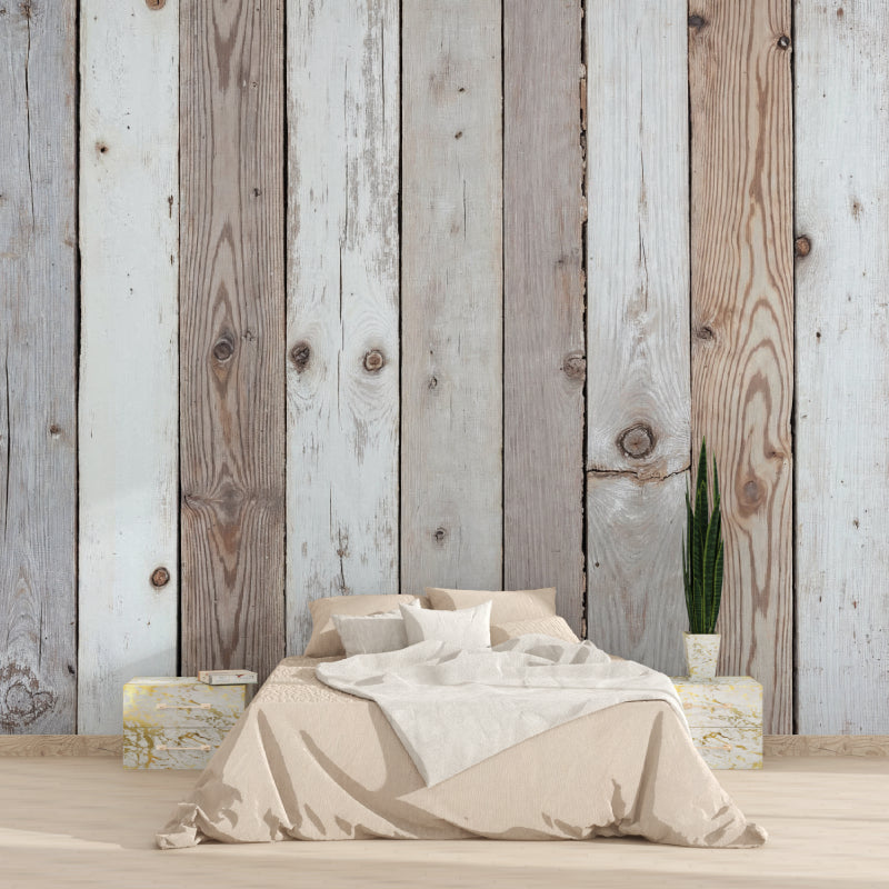 Whitewashed wood wall mural creating a cozy dining room atmosphere