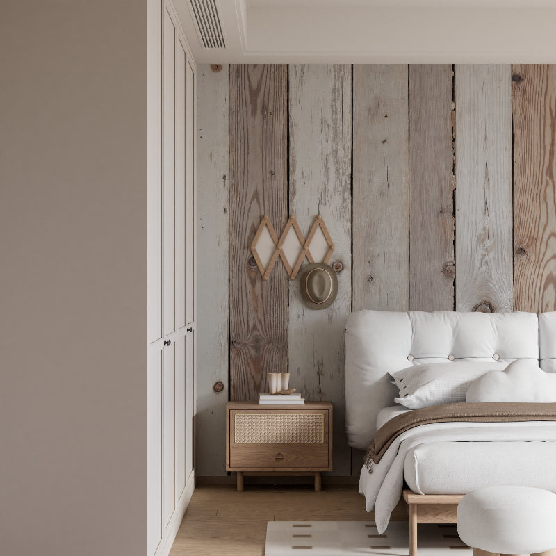 Wood plank wallpaper bringing warmth to a modern bedroom