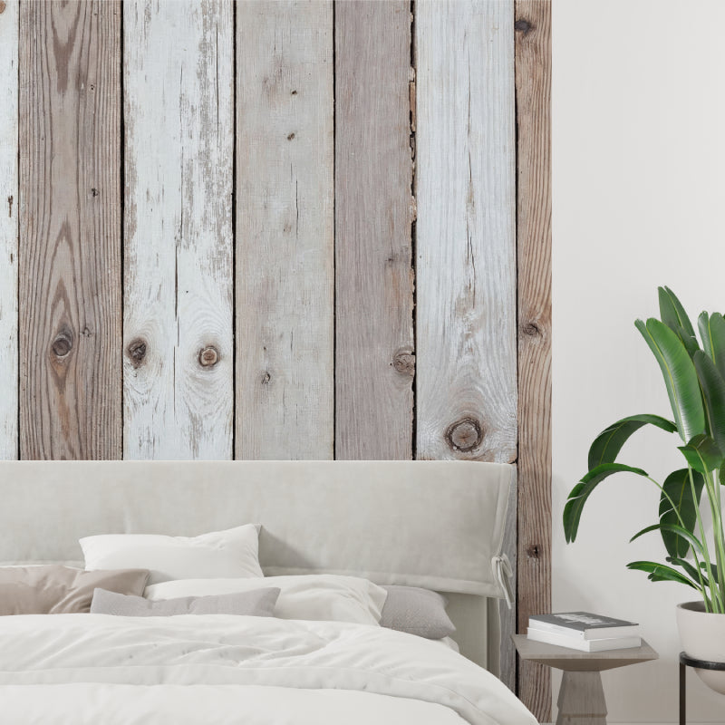 Rustic whitewashed wood mural in a home office setting