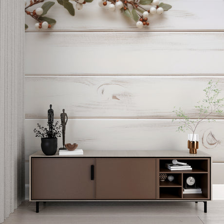 White washed wood plank wallpaper in a bright Scandinavian living room with modern furniture