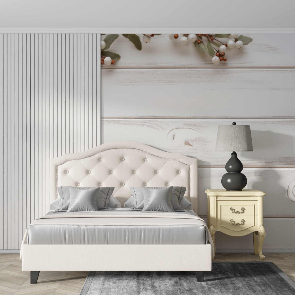 Whitewashed wood wallpaper in modern home office setting