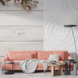 White wood plank wallpaper featured in dining room with natural light