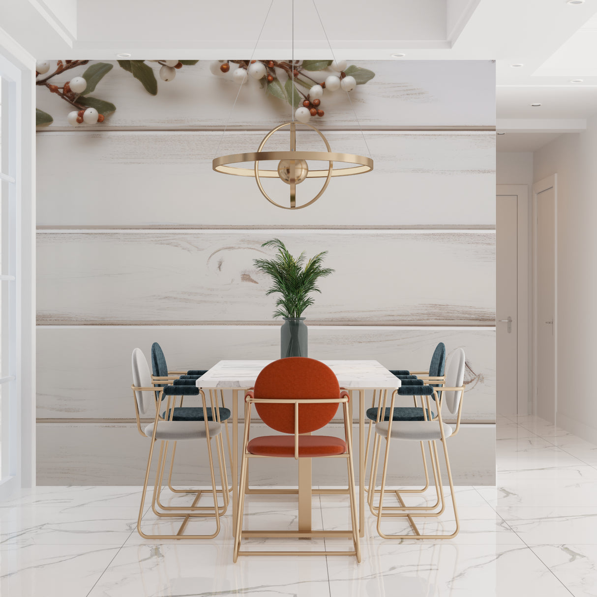 Rustic white wood wall mural in minimalist kitchen design