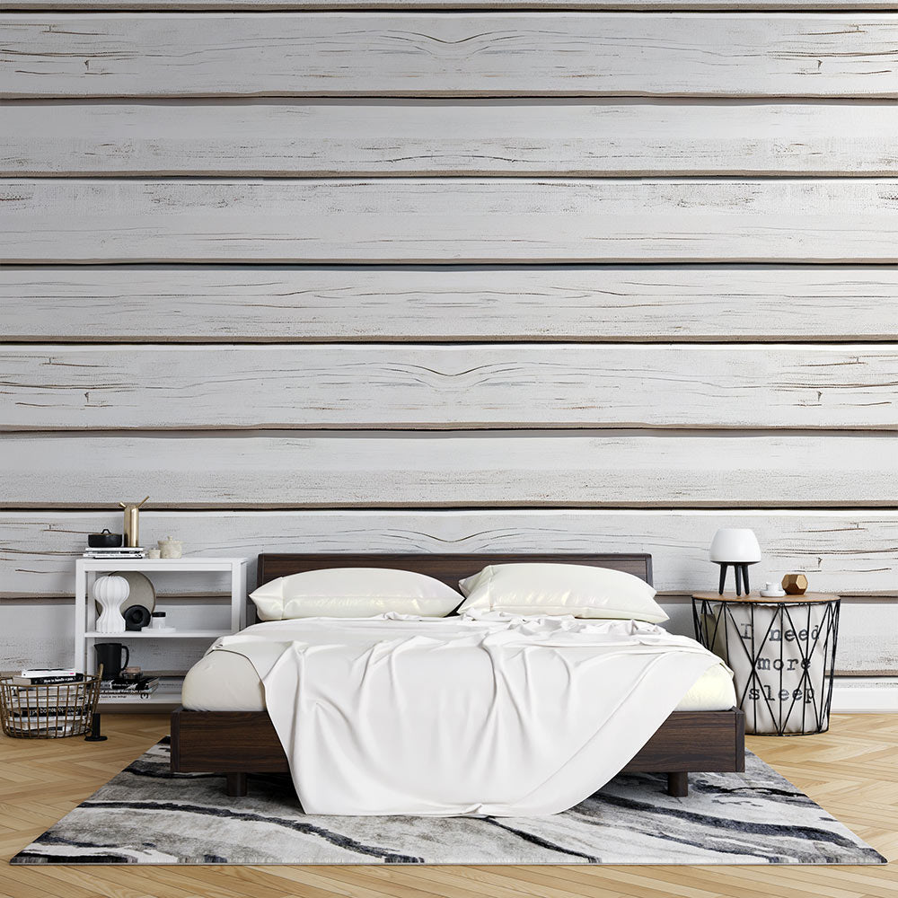 White wood plank wallpaper creating a bright, airy feel in a modern living room with natural light