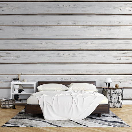 White wood plank wallpaper creating a bright, airy feel in a modern living room with natural light