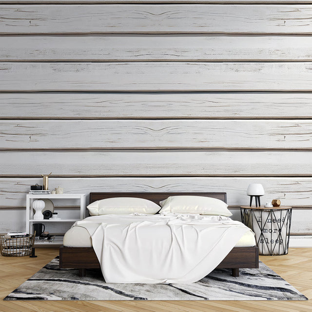 White wood plank wallpaper creating a bright, airy feel in a modern living room with natural light