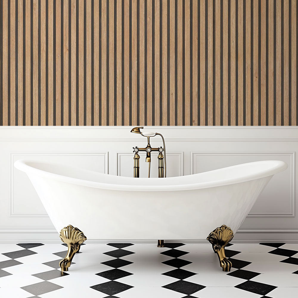 Wood slat wallpaper creating a modern accent wall in a bright living room, showing vertical oak pattern with natural shadows