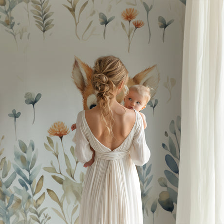 Woodland Fox Nursery Wallpaper styled in a cozy nursery with white furniture and natural decor elements