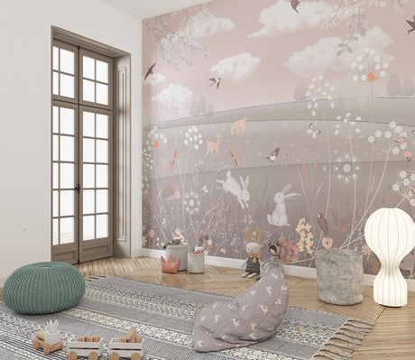 Woodland animal wallpaper in pink and grey tones creating a magical atmosphere in a modern nursery