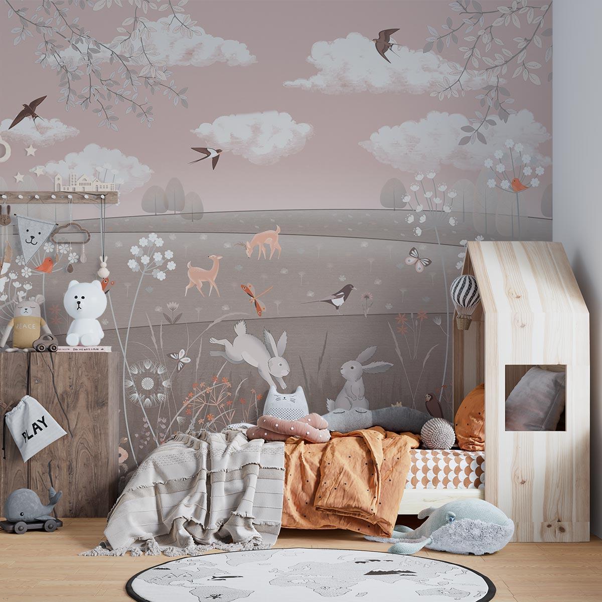 Forest animals wallpaper adding charm to a little girl's reading corner