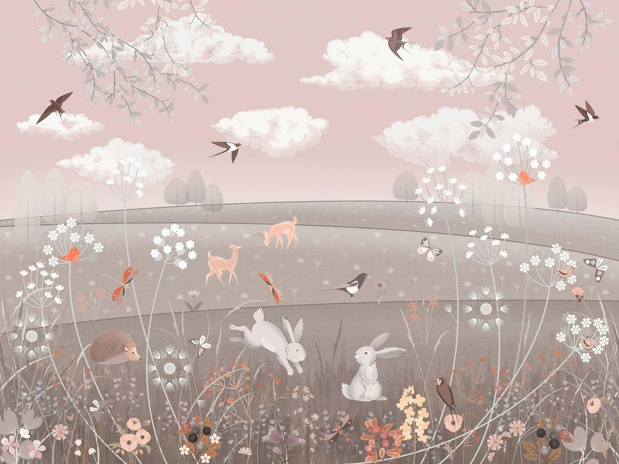 Design file of woodland animals pattern with deer, rabbits and birds in soft pink and grey colors