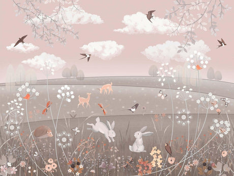 Design file of woodland animals pattern with deer, rabbits and birds in soft pink and grey colors