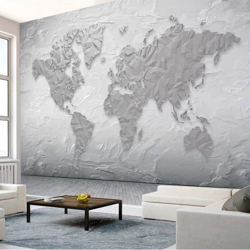 3D World Map Wallpaper in modern home office with grey furniture and natural light