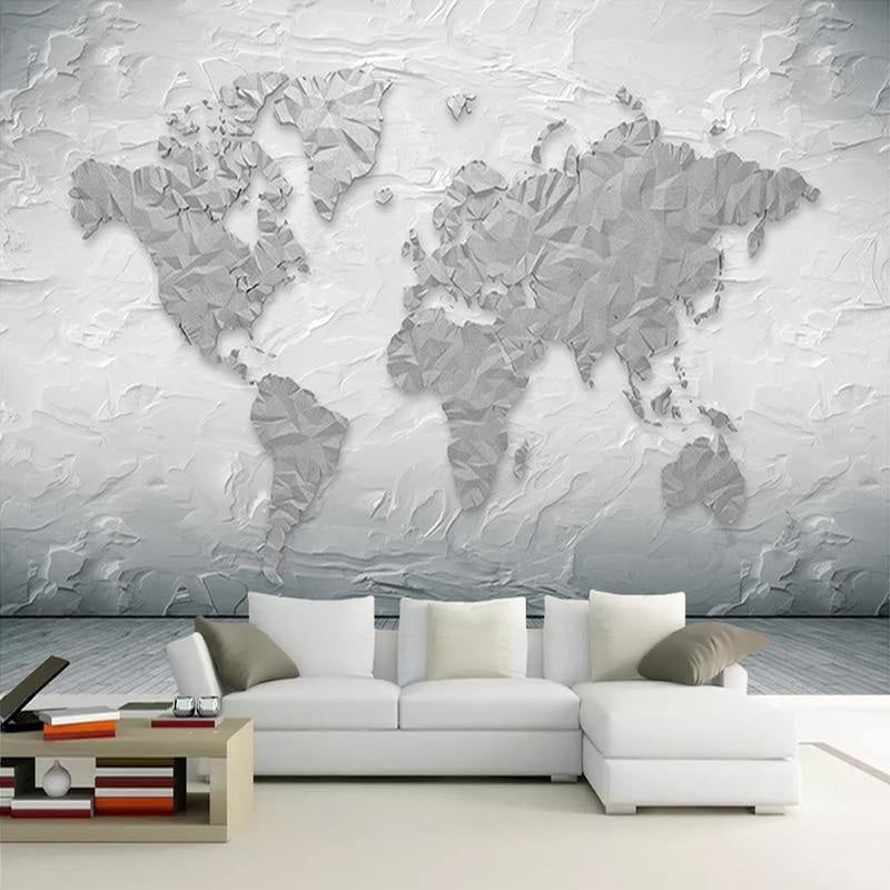 Grey relief map wallpaper in minimalist living room setting