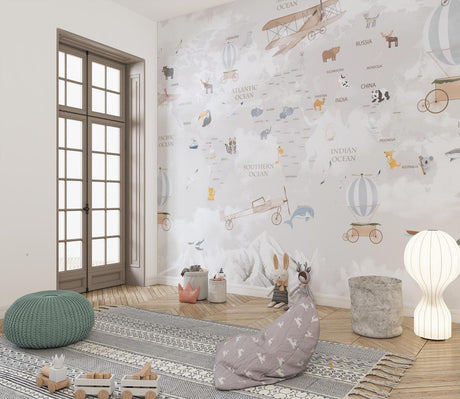 World Map Wallpaper in bright kids bedroom, showing animals and airplanes creating an educational play space