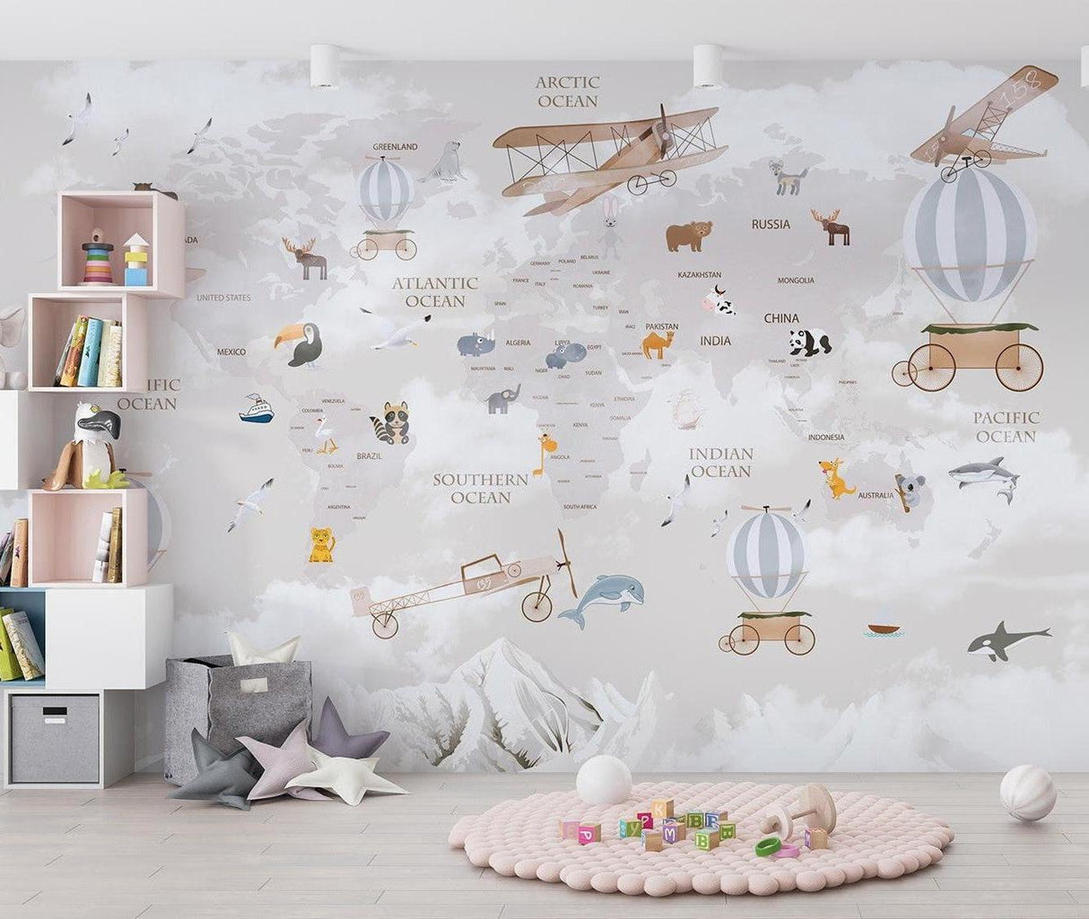 Educational World Map Wallpaper featured in modern nursery with gentle colors