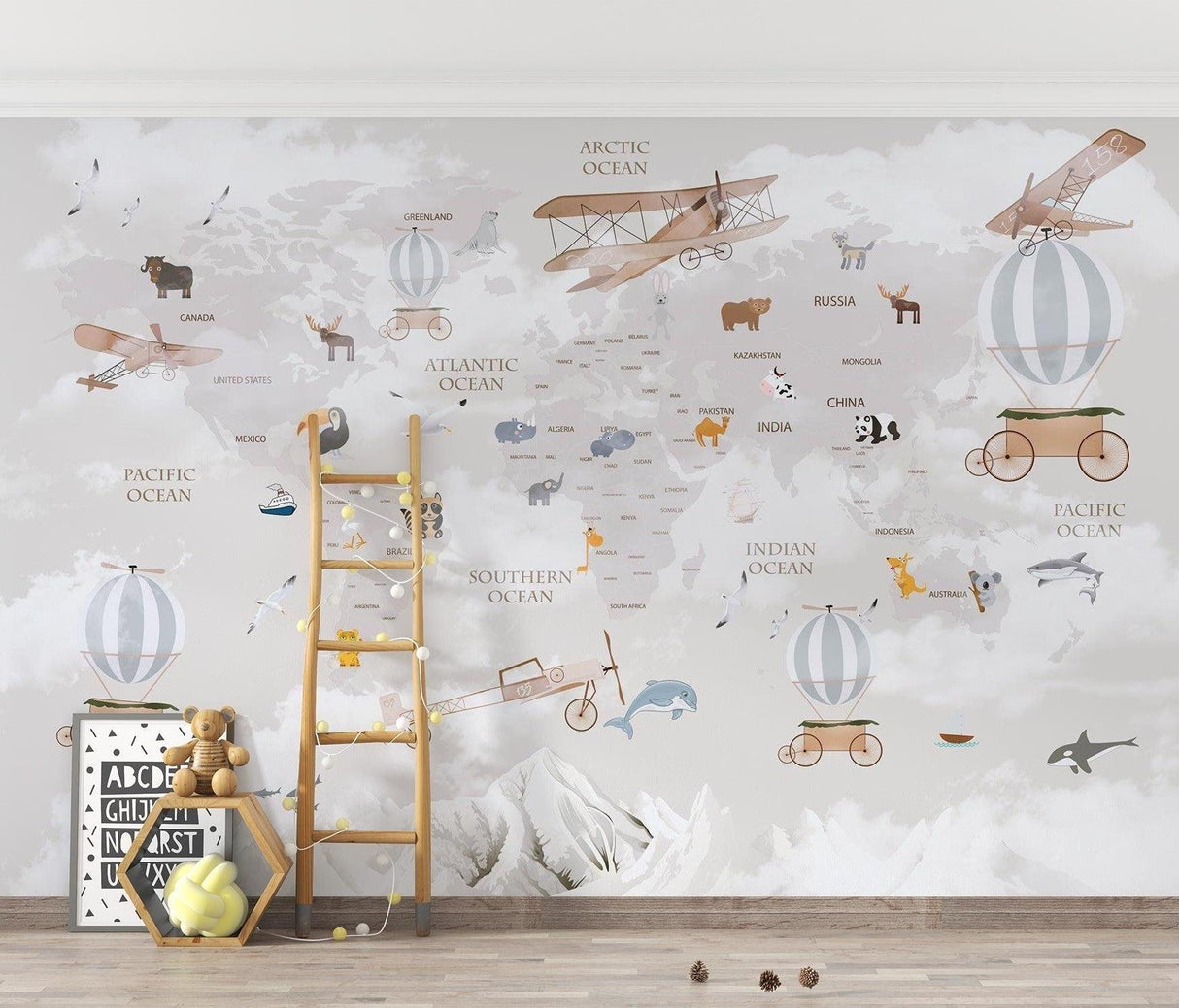 Kids World Map Wallpaper displayed in playroom showing scale and educational detail