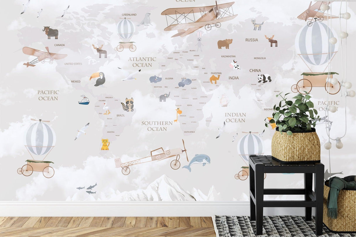 World Map Wall Mural in reading nook highlighting animal illustrations
