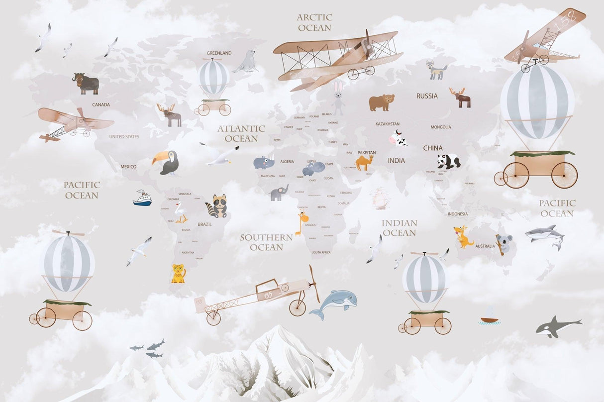 World Map Wallpaper design file showing full pattern with animals and vintage airplanes