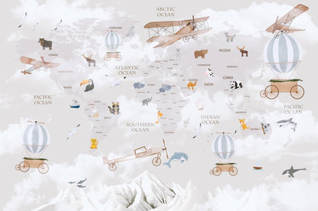 World Map Wallpaper design file showing full pattern with animals and vintage airplanes