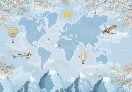 World Map design file showing detailed hot air balloons and vintage aircraft pattern