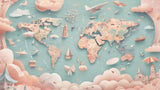 World Map Wallpaper design file showing detailed paper planes and soft sage-pink color scheme