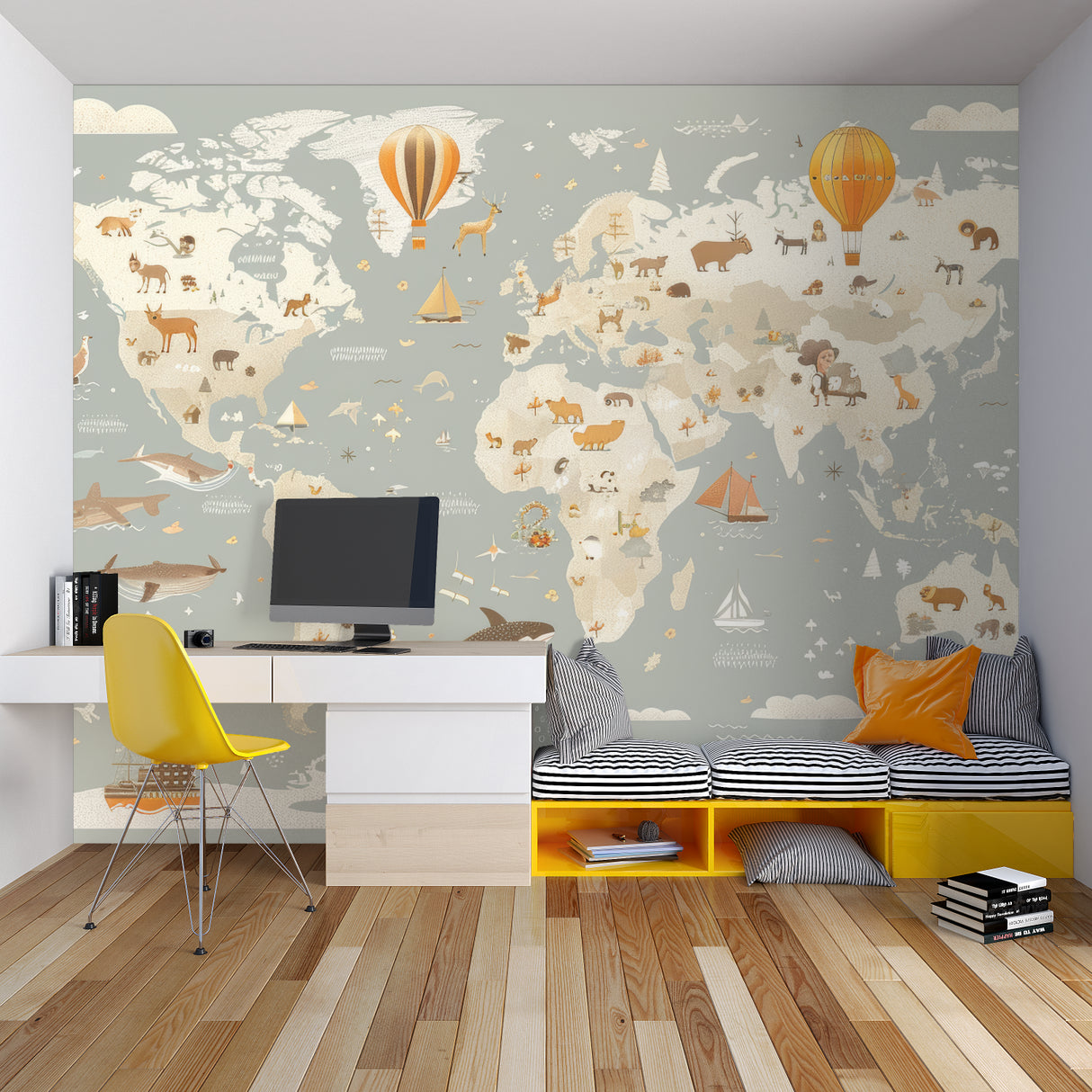 World map wallpaper in bright kids bedroom showing animals and hot air balloons