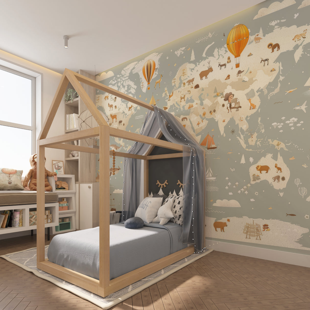 Educational map mural featuring wildlife in modern playroom setting