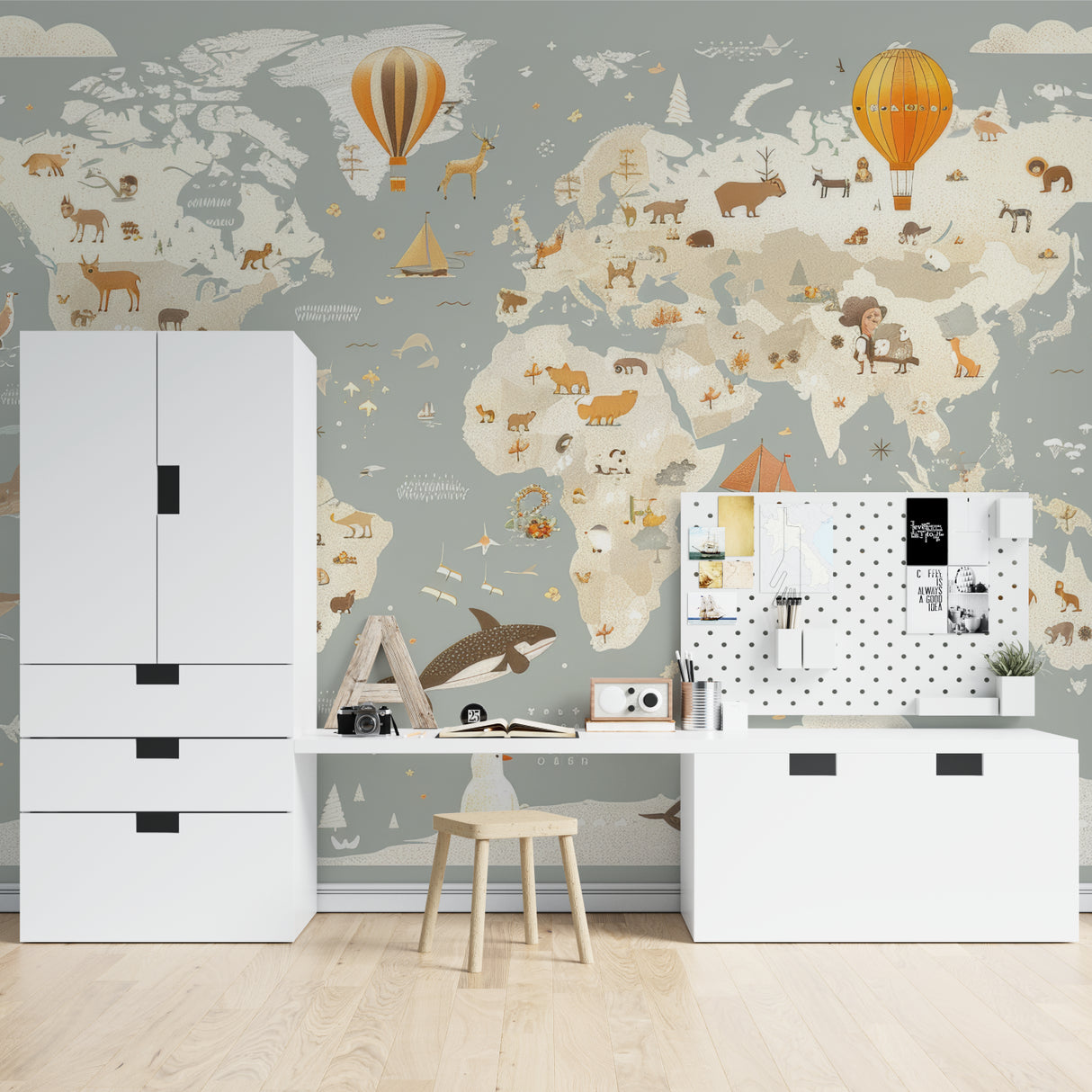 Kids world map wallpaper installed in home study area with desk
