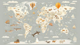 World map design file with animals and hot air balloons on cream background