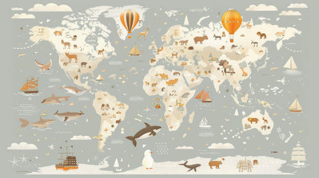 World map design file with animals and hot air balloons on cream background