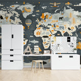 World map wallpaper bringing educational fun to a bright playroom with kids exploring continents and animals