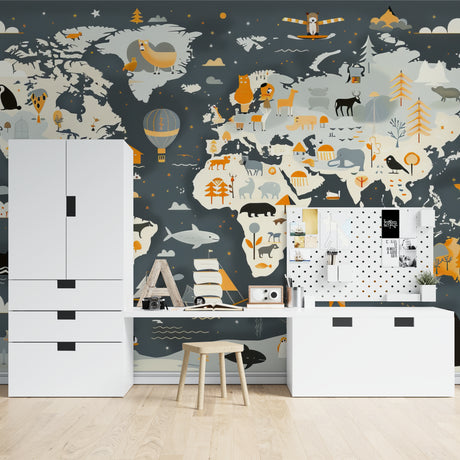 World map wallpaper bringing educational fun to a bright playroom with kids exploring continents and animals