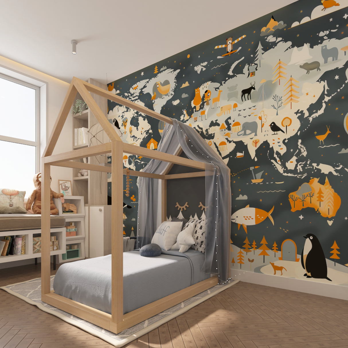 Educational map mural in a modern kids bedroom creating an engaging learning space
